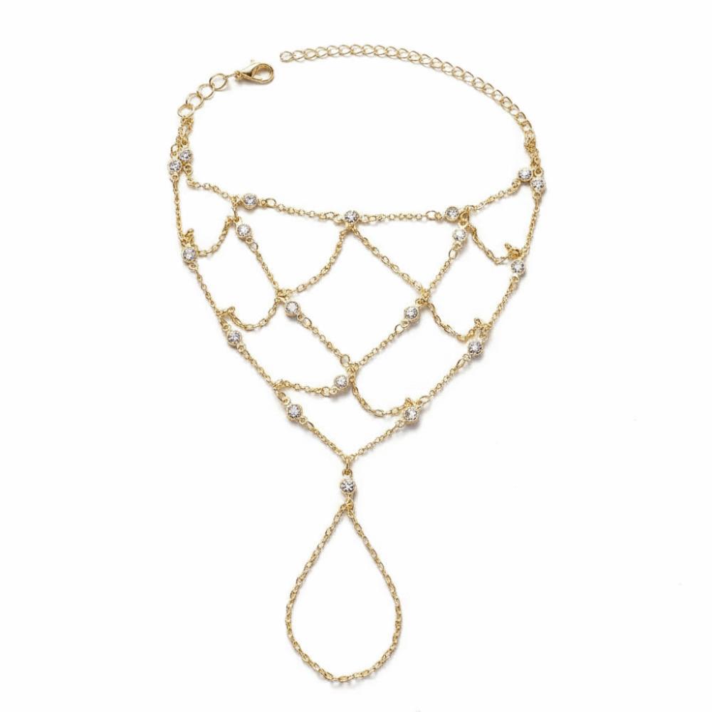 Bohemian Style Hand Chain Bracelet Multilayer Zircon Rhinestone Finger Bracelet Crystal Beads Hollow Design Zircon Bracelet золотой