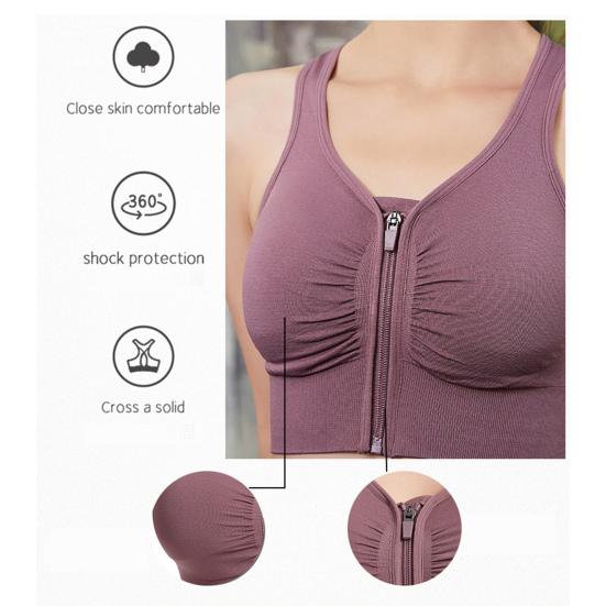 Women Shockproof Gathered Yoga Running Bra Hollow Beautiful Back Front Zipper Sports Underwear Seamless Solid Color Sport Brassiere