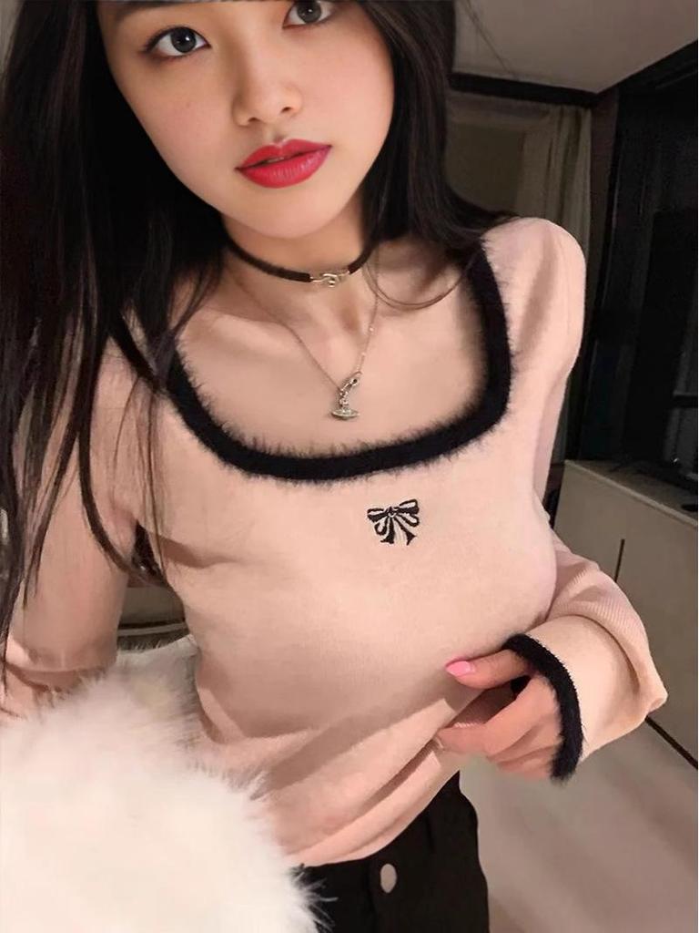 Women's High-End Soft Square Collar Clavicle Top - Slim, Fashionable, Autumn/Winter Style