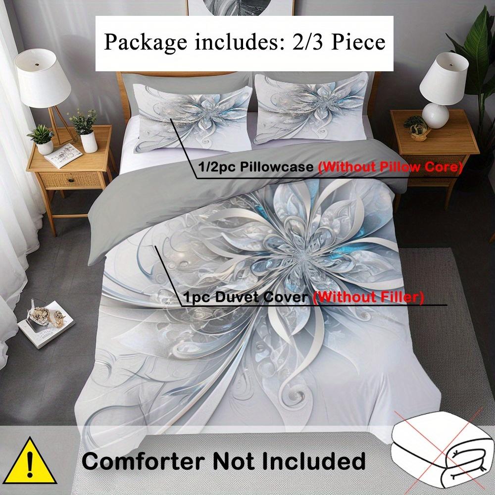 3pcs White Beding Set Premium Silver Flower 3D Print Cozy Soft Duvet Cover King Quen Twin Sized Dimensions Birthday Gift for Adult People Bedrom Decor
