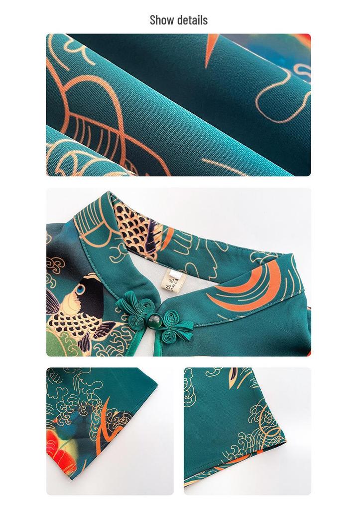 Guochao Women's Frog Button Qipao T-Shirt, Short Sleeve, Mid-Length, Ancient Style, Chinese Round Neck Design