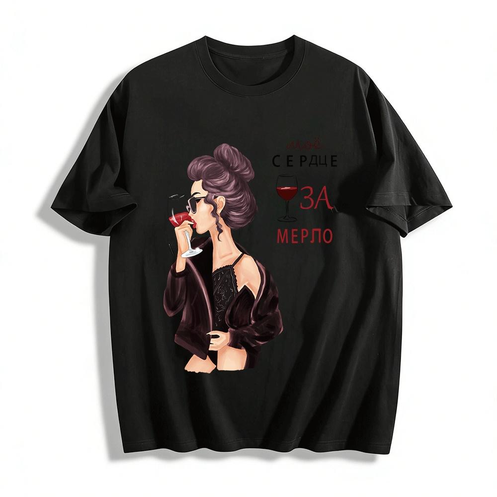 

Trendy Merlot Wine Print Casual Top For Women Pure cotton T-shirt XXS