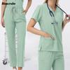 Costum Pantaloni Drepti Unisex 2 Piese Costum Frumusețe Îmbrăcăminte de Lucru Uniforme Medicale Chirurgicale Haine Asistente Medicale Buzunare Bluză Pantaloni Asistență Medicală