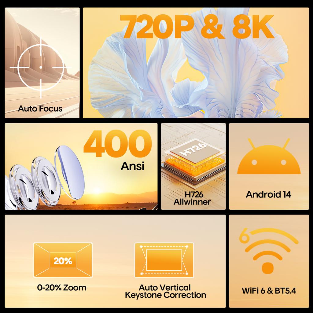 Magcubic HY300Max 400ANSI 8K Native 720P Auto Focus Android 14 Projector with Wifi6 BT5.4 Allwinner H726 Portable Outdoor