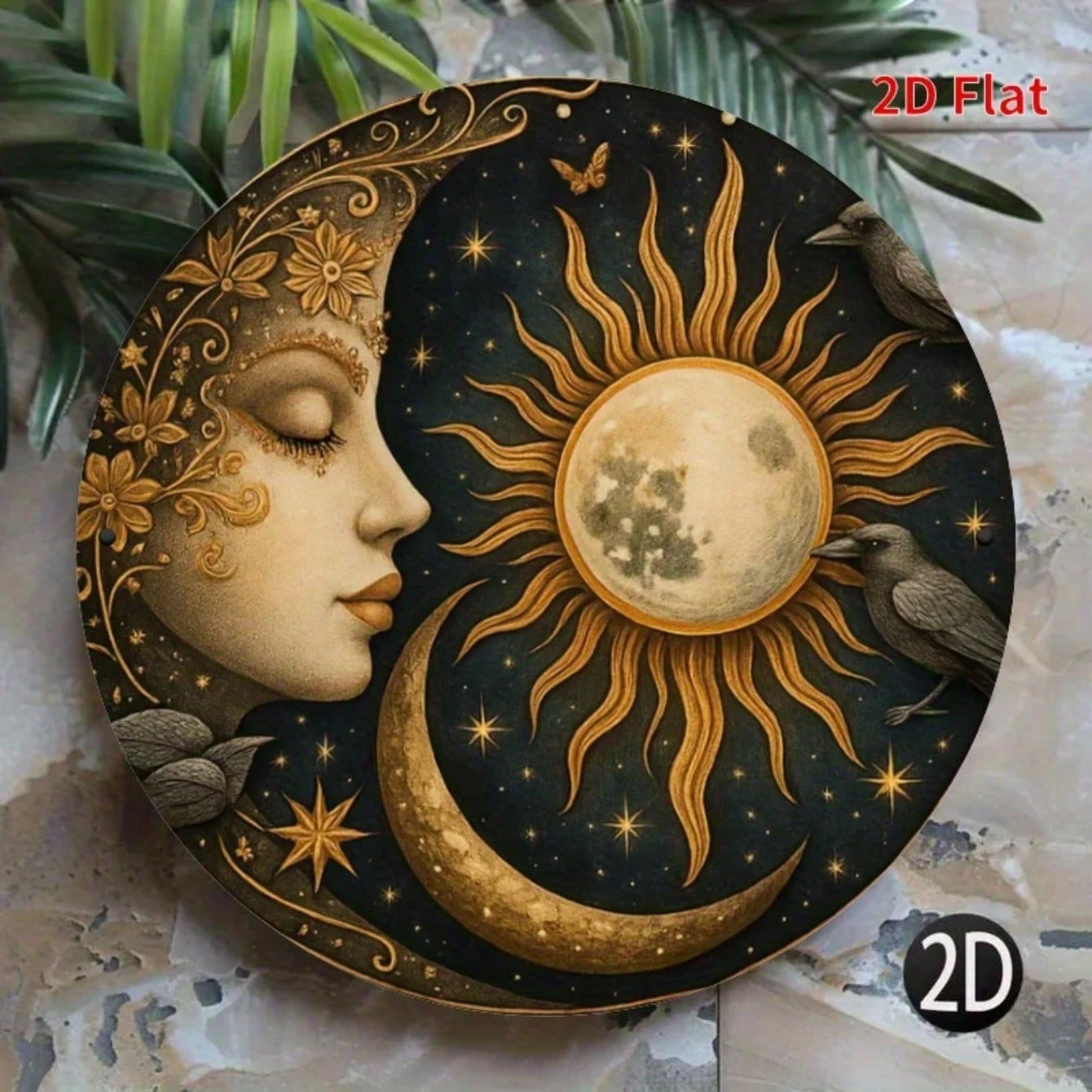 Небесное Солнце Луна Металлическое Настенное Искусство Золотые Зеленые Листья Декор для Дома 20x20