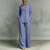 Women's Cotton Linen Loose Fit Shirt and Wide Leg Pants Set with Pockets