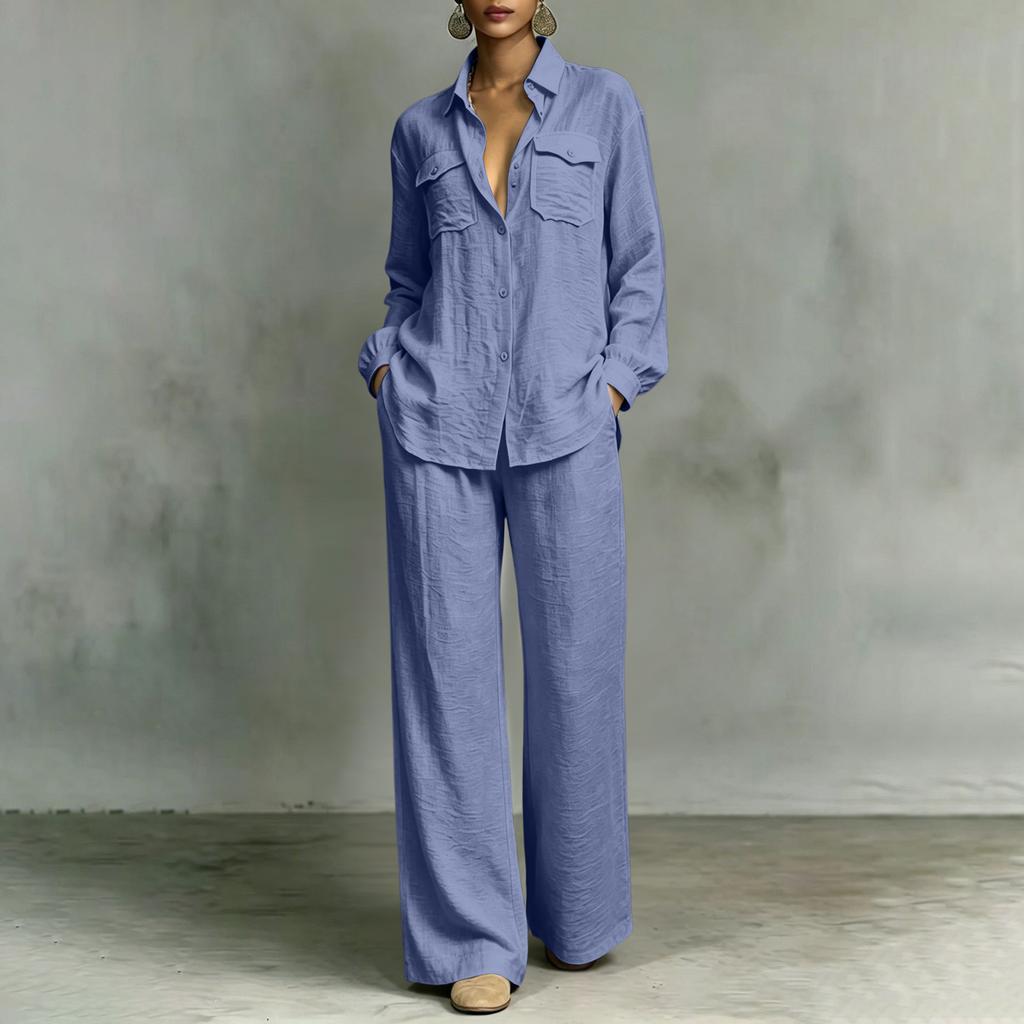 Women's Cotton Linen Loose Fit Shirt and Wide Leg Pants Set with Pockets