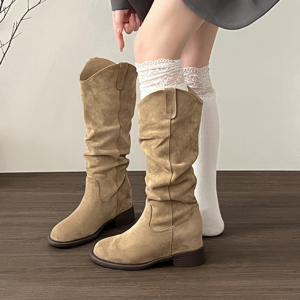Retro fashion V-mouth stacking tall boots women's shoes spring and autumn round head western denim long tube thick heel boots
