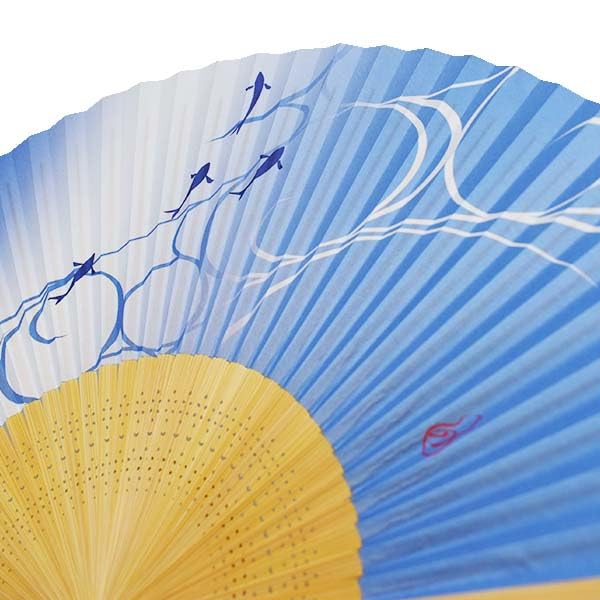 Kimono Folding White Bamboo Flowing Water and Sweetfish Light Blue [Stylish Iroha] Men's Fan, Carving, Scented, Design,