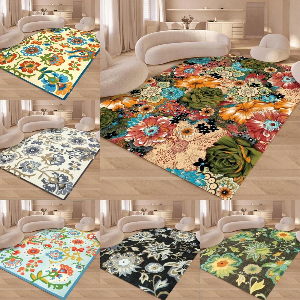 Retro Bloom Design Non-Slip Rug Soft Carpet for Bedroom Living Room Kitchen Coffee Table Floor Mat Indoor Rug Machine Washable