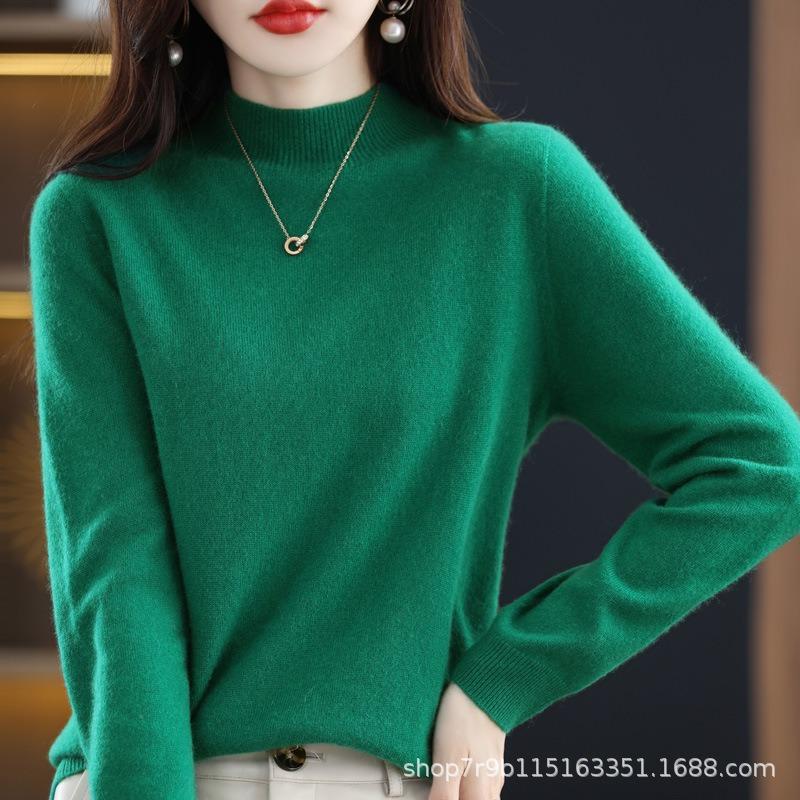 Autumn and winter new pure wool sweater women's semi-turtleneck first-line ready-to-wear wool sweater knitted sweater loose and thin bottoming shirt
