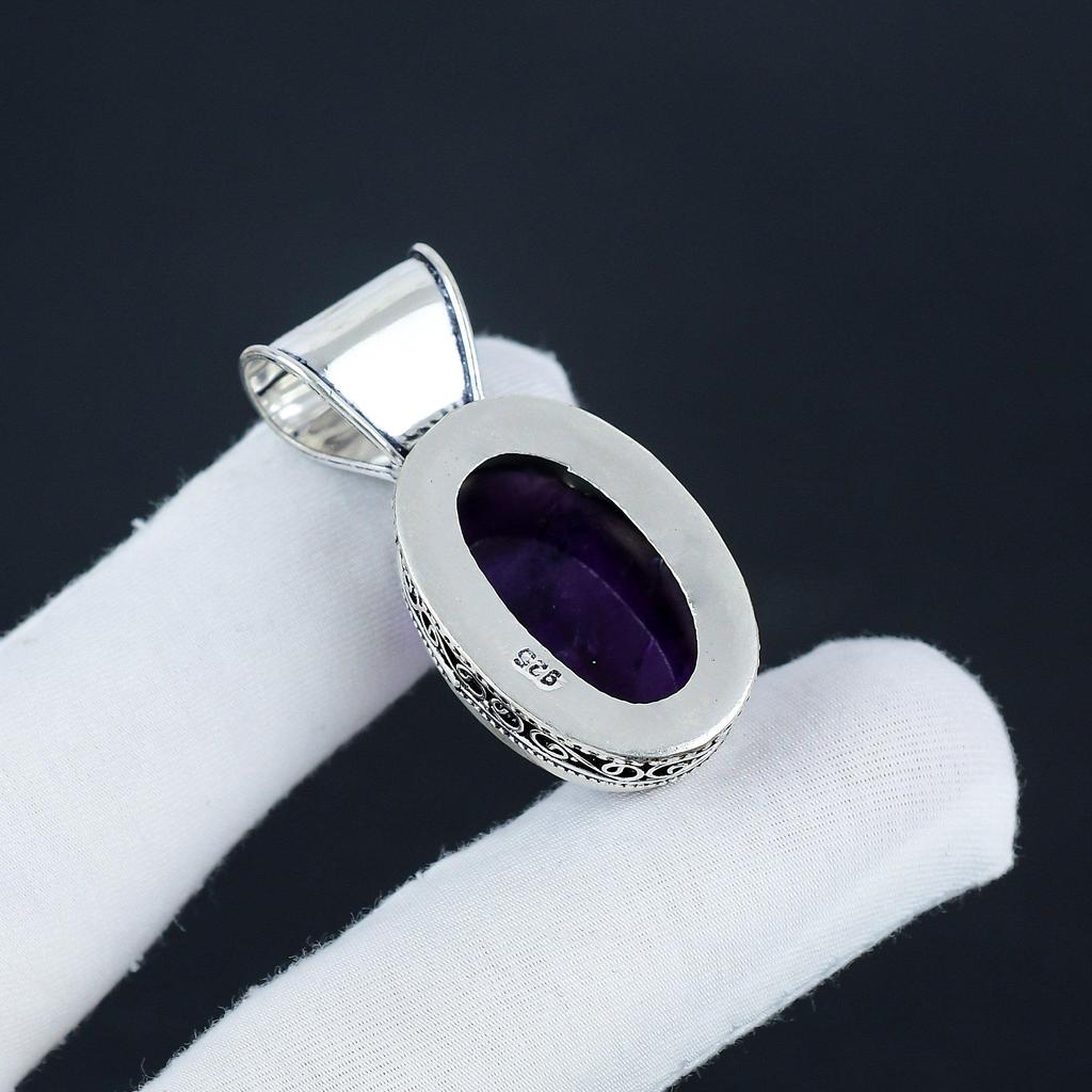 Natural Amethsyt Gemstone Silver Pendant in 925 Sterling Silver - Handmade Oval Design, Everyday Wear Jewelry Burthday Gift