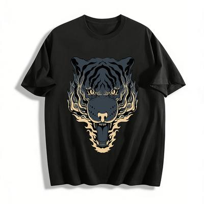 Dark Flame Tiger Head Graphic Trendy Casual Short Sleeve Tee Pure Cotton T-shirt