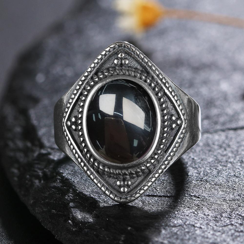 S Silver Ring for Women Oval Round Natural Black Agate Ring Gift Sun Shaped Retro Luxury Fine