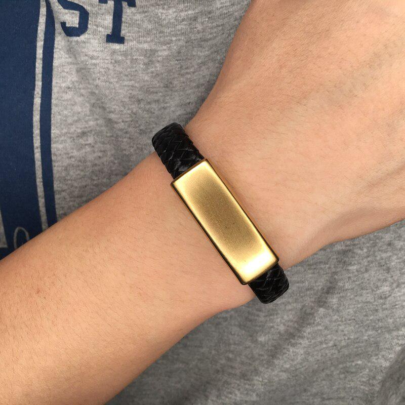 Pánský pletený kožený náramek zlaté/stříbrné barvy z nerezové oceli s magnetickou sponou, náramky, dárky na zápěstí BB788