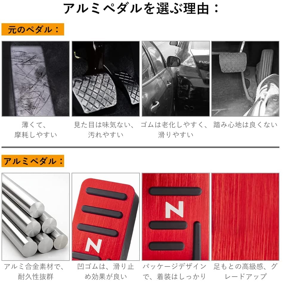 Futwod Aluminum Pedal Covers for Honda and Custom Interior and Parking Brake Red 3-Piece N-BOX, N-WGN, N-ONE, N-VAN, Accessories, Anti-Slip Brake,
