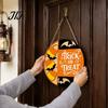 Seasonal Hanging Sign Halloween Trick or Treat Wooden Door Sign, Retro Round Bat Silhouette Decor Plaque for Home Front Wall & Party Decoration