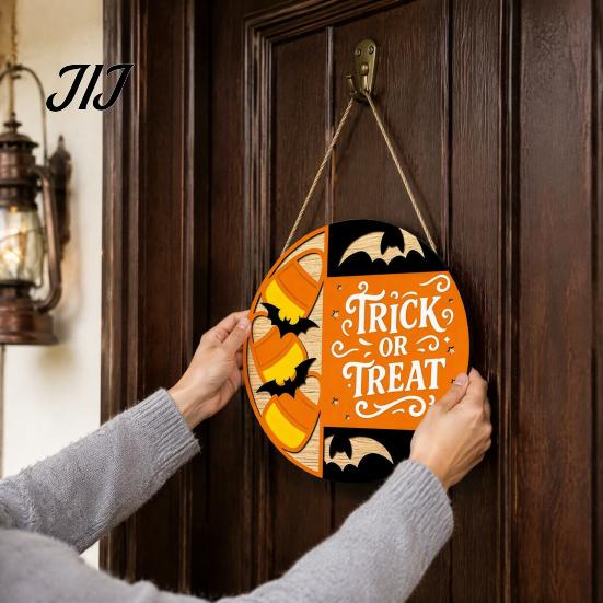 Seasonal Hanging Sign Halloween Trick or Treat Wooden Door Sign, Retro Round Bat Silhouette Decor Plaque for Home Front Wall & Party Decoration