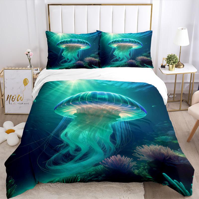 3pcs Jellyfish Bedding Set - Includes One Quilt Cover and Two Pillowcases (No Core) - Anime Cartoon Design, Polyester Fabric, Suitable for B