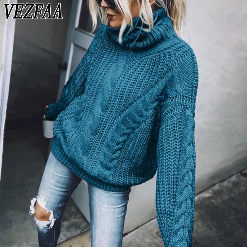 VEZFAA Women's Fashion Casual Fall Winter Solid Color Print Long Sleeve High Neck Sweaters