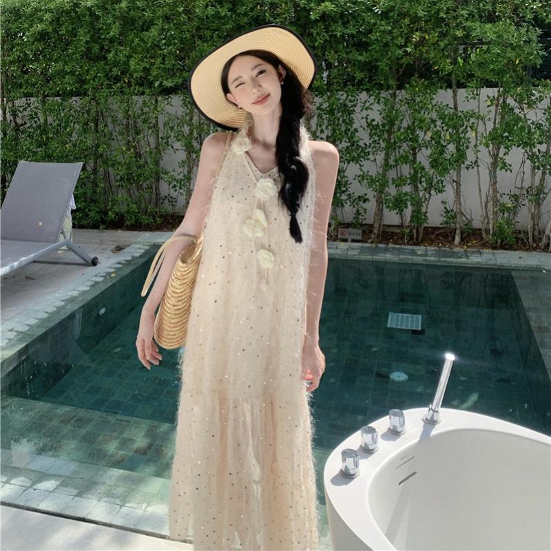 Summer New Women's Solid Color V-neck Sleeveless Rose Sequin Dress
