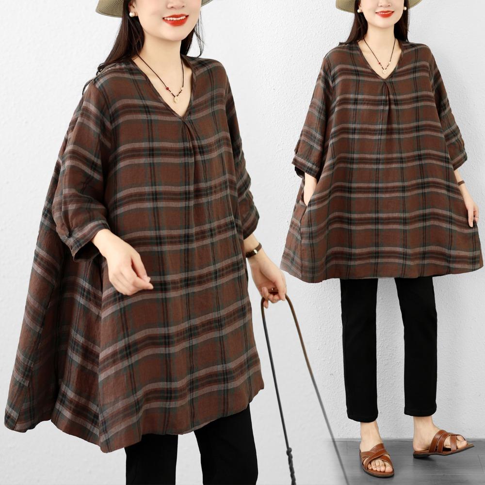DIMANAF 2026 Summer New Plus Size Women T-Shirts Casual Vintage Print Plaid Blouse Shirts Lady Tops Tees Cotton Oversized
