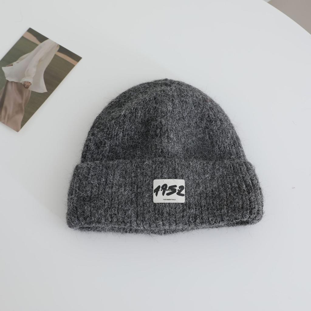 Japanese Simple Letter Pattern Labeling Knitted Hat for Women In Autumn and Winter New Warm and Thickened Cold Hat Showing A Small Face