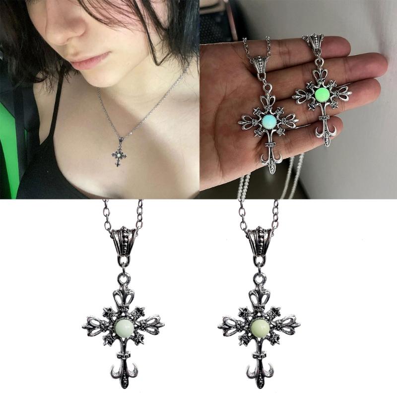 Cross Pendant Necklace Punk Choker Luminous Stone Necklace Hip Hop Clavicle Chain Necklace Gothic Jewelry for Egirl Eboy