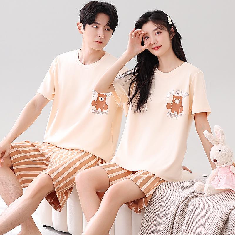 Couple's Summer Cotton Pajama Set: Cute Short Sleeve & Shorts for Women, Wear-Outside Style for Men.
