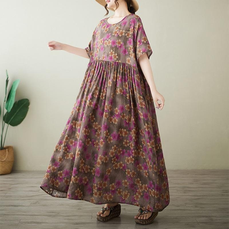 Kortärmad Plus size bomull vintage blommig ny i klänningar för kvinnor avslappnad lös lång sommarklänning