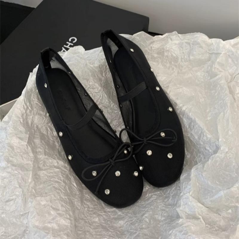 Fashion Spring New Flat Shoes for Girls Fashion Round Head Shallow Mouth Butterfly Knot Mesh Breathable Soft Sole Non-slip Single Shoes