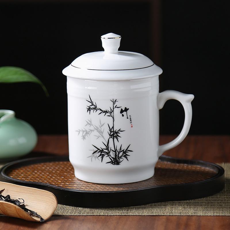 Blue & White Porcelain Tea Infuser Mug: Large-Capacity Bone China Cup with Lid 301-400ml