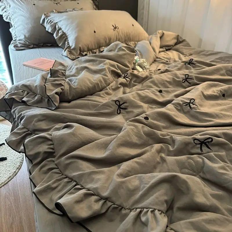 Korean Style Summer Cool Quilt Girl Lace Embroidered Bow Washed Cotton Simple Air Conditioning Quilt 1 pcs Hot Sale