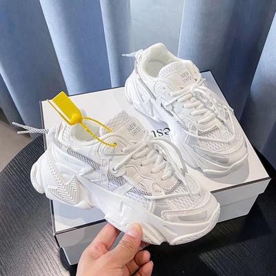 Paar bequeme und atmungsaktive Mesh-Sneakers, Blockabsatz, 5 cm, Plateau-Sneaker, lässige weiße Mesh-Damenschuhe, INS