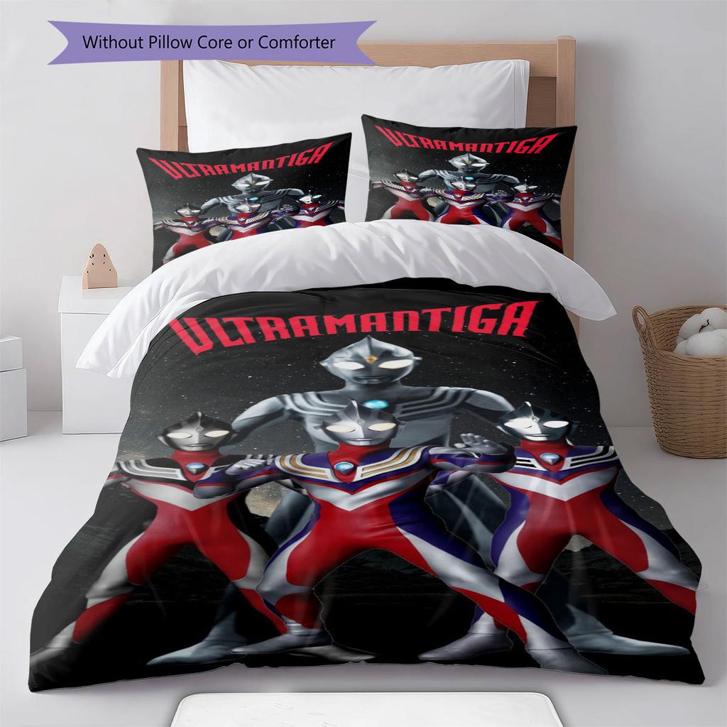 3pc Ultraman cartoon print unbleached bed sheet set(1*Duvet Cover + 2*Pillowcase, Without Core), for bedroom bedding decoration