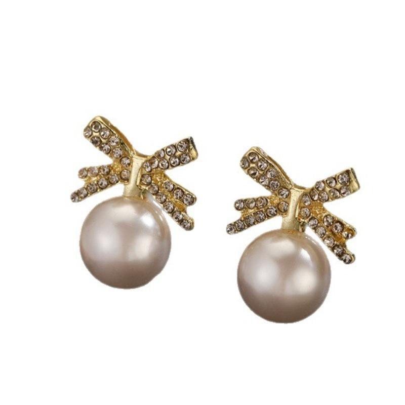 Exquisite Full-diamond Sweet Bow-shaped Pearl Stud Earrings for Women, Fashionable, Simple, Small, and Versatile. Ear Jewelry.