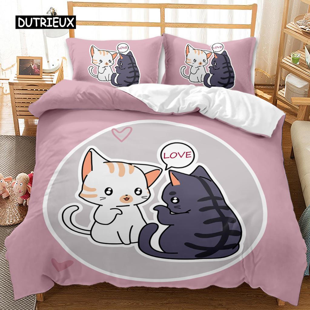 Zestaw poszewek na kołdrę z kotem Uroczy kreskówkowy zestaw pościeli dla chłopców i dziewcząt Wzór zwierzęcy Kot Królowa King Rozmiar Poliester Poszewka na kołdrę
