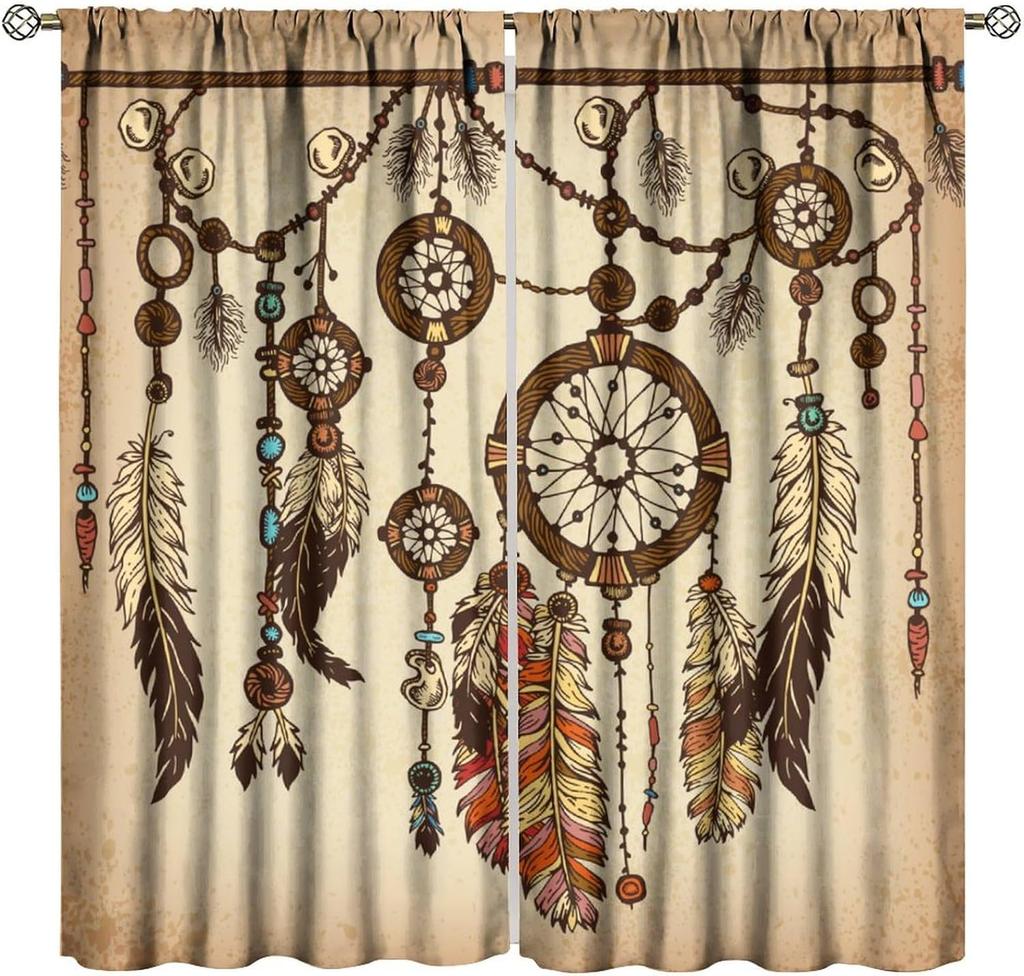 Colorful Dream Catcher Curtains Night Sky Stars Purple Feathers Curtain with Rod Pocket for Bedroom Living Room Decor Drapes
