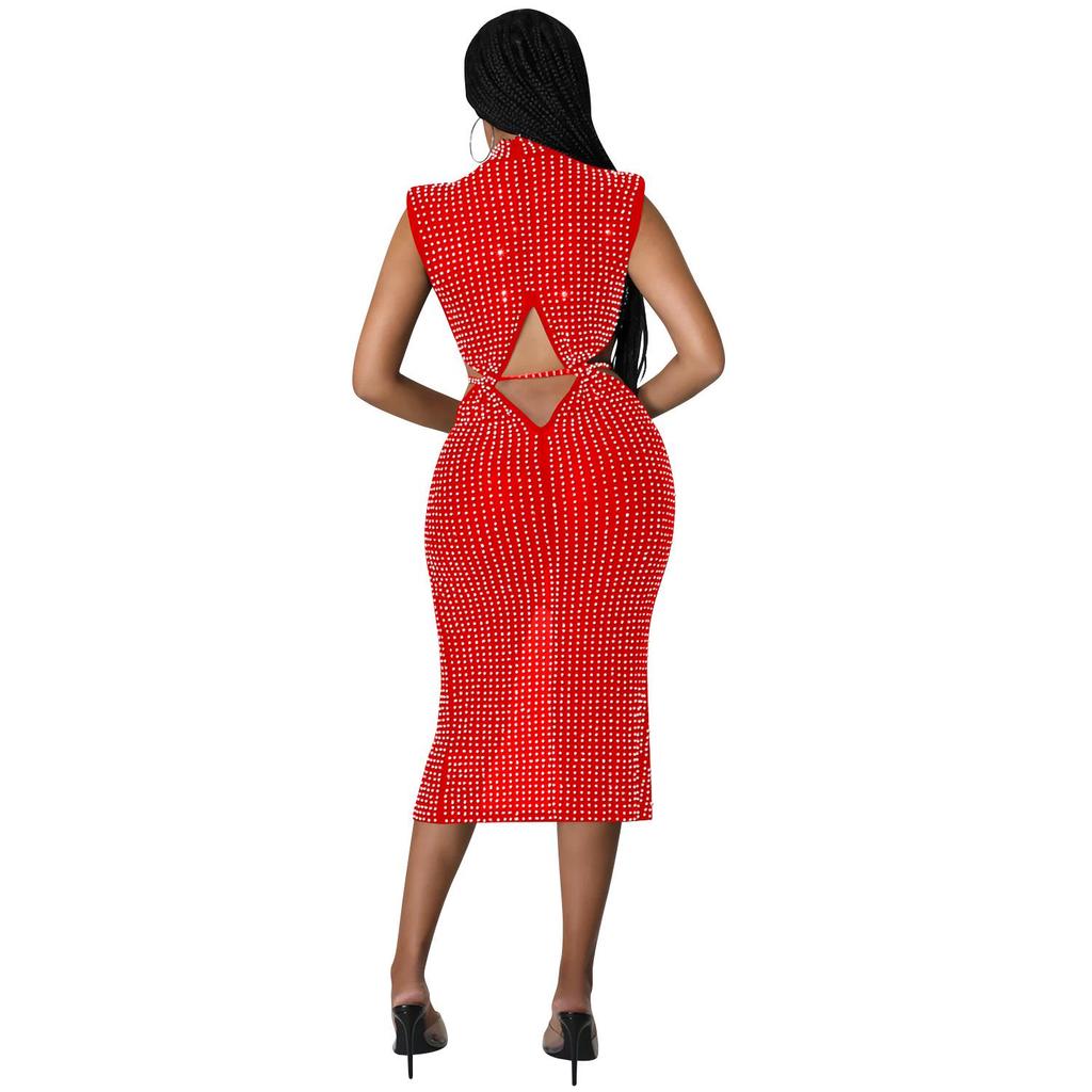 Damen Sexy Netz Durchsichtig Heißer Strass Hohl Schlitz Kleid C5796
