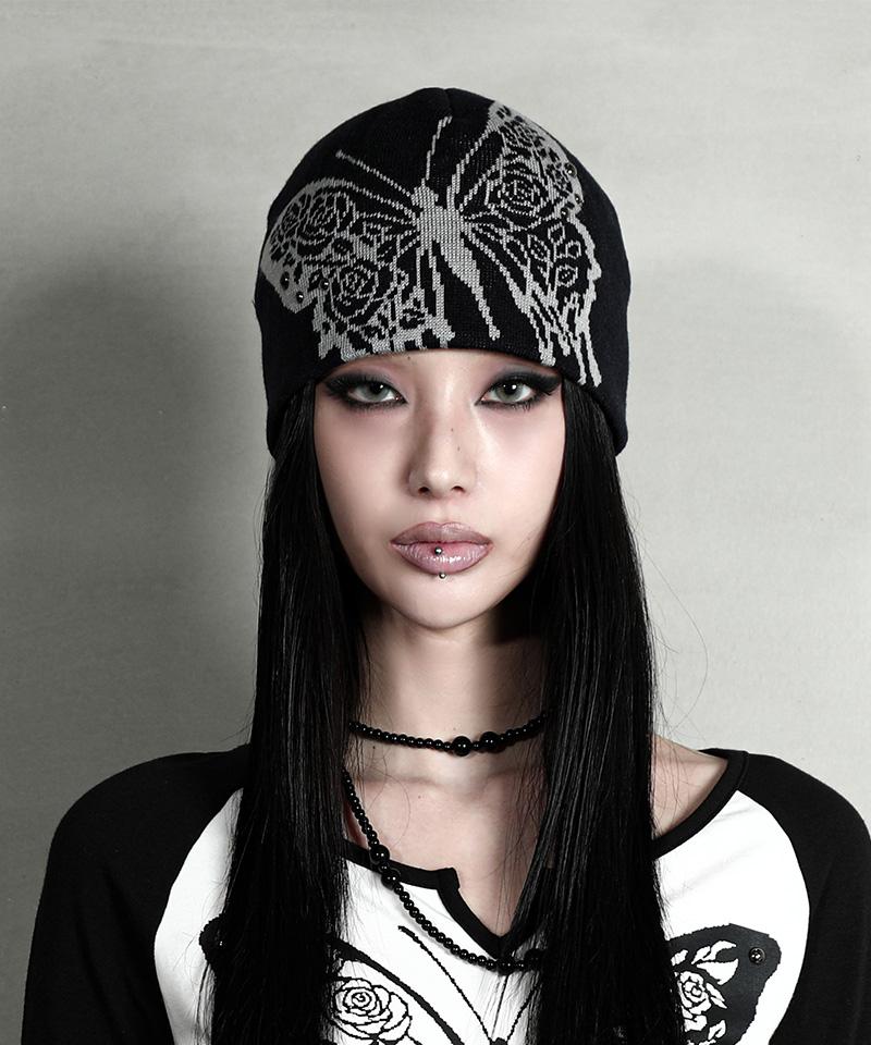 DARLING, YOU'RE BAD Rose Butterfly Beanie #Black