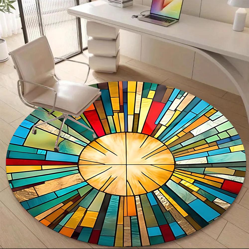 1pc Stained Glass Sunburst Office Round Area Rug, Indoor Mat Suitable ForOffice, Under Office Chairs Bedroom Living Room Home Decor, Room Deco D058
