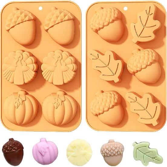2 Pcs Thanksgiving Chocolate Molds 3D Pumpkin Turkey Pinecone Autumn Leaf Silicone Mold Candy Cake Baking Tray Molds for Fall Thanksgiving Party