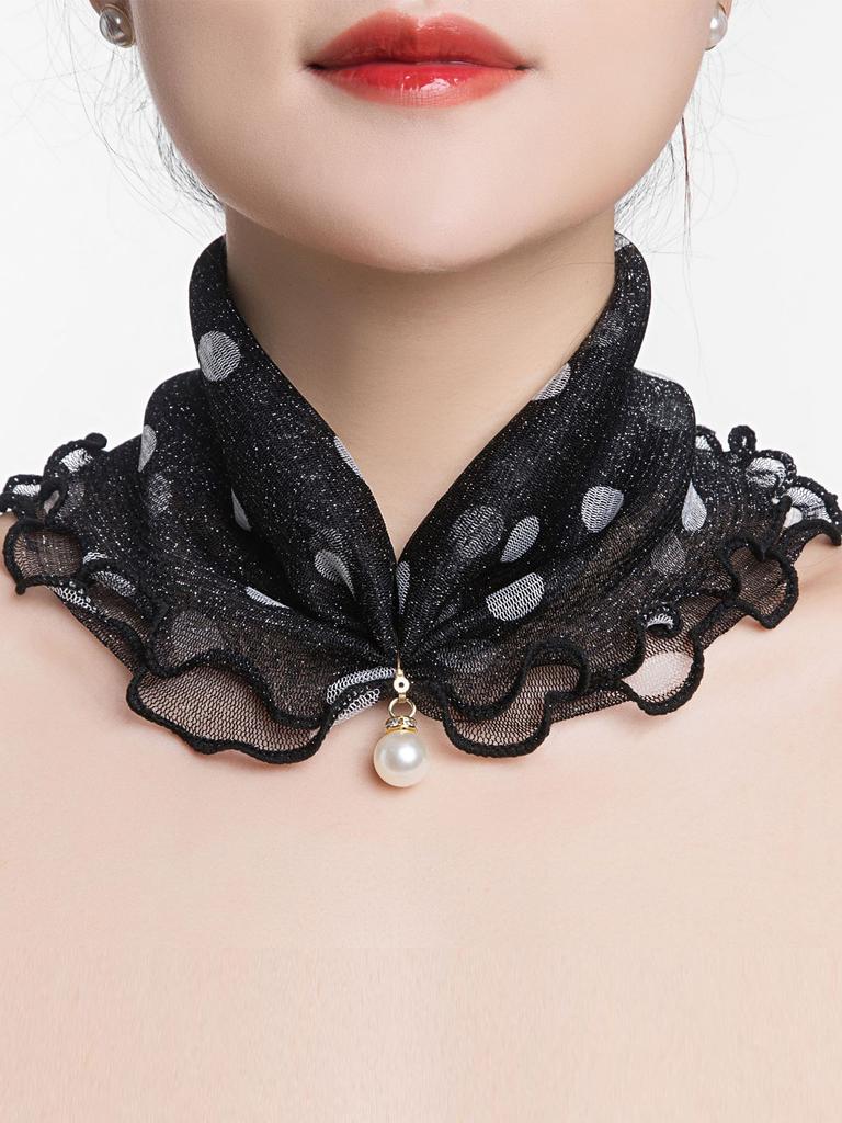 Women Gold Silk Ruffle Ring Scarf Fake Pearl Pendant Fashion Chiffon Neck Collar Thin Anti-UV  Neckerchief Hair Bandana Headban