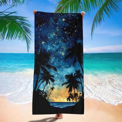 1pc Microfiber Oversized Beach Scarf Tropical Night Sky for Galaxy Design, Lightweight & Quick-Dry, Vibrant Palm Ocean Backdrop
