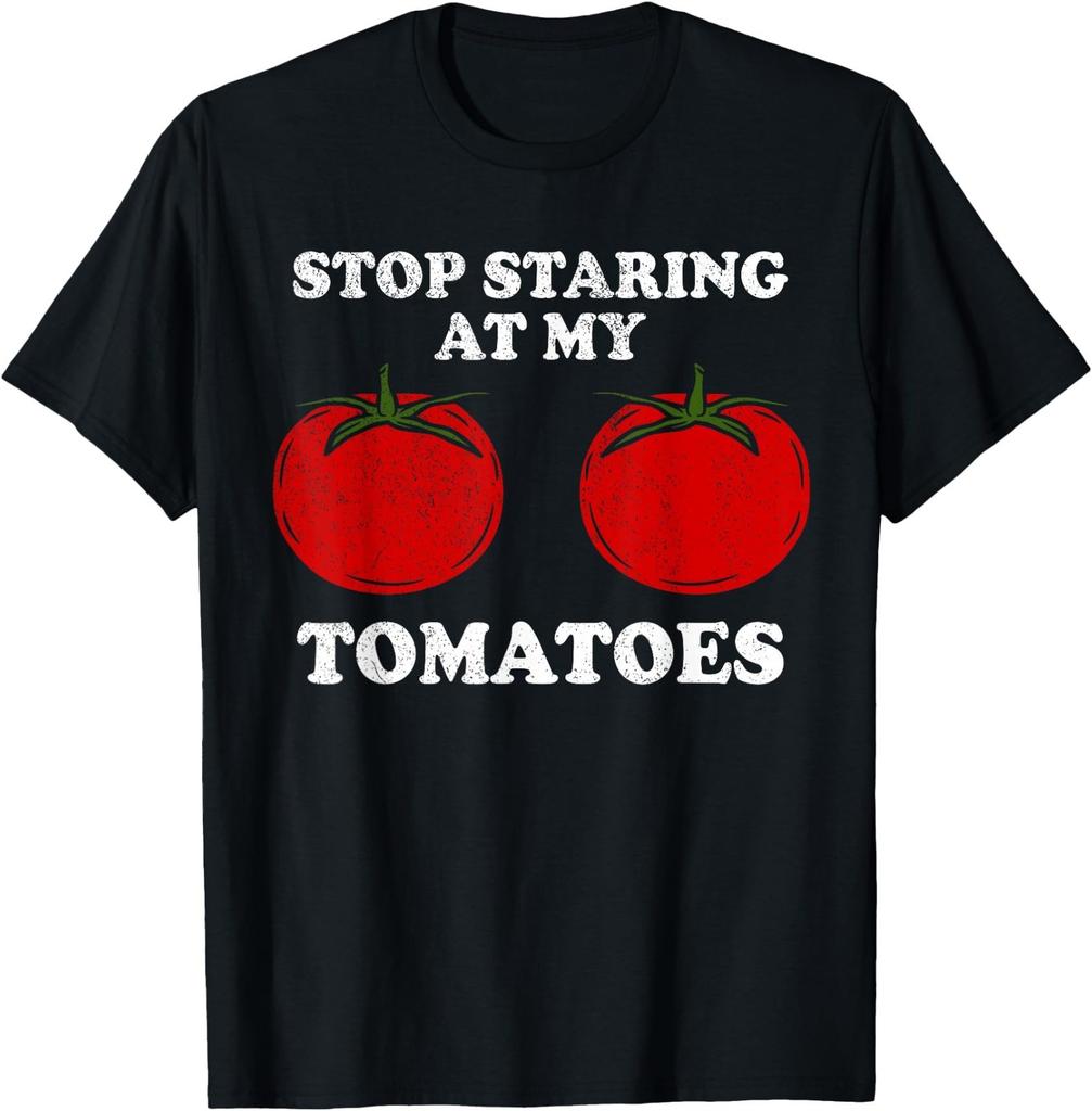 Stop staring at my tomatoes, funny red tomato boobs, breasts T-Shirt