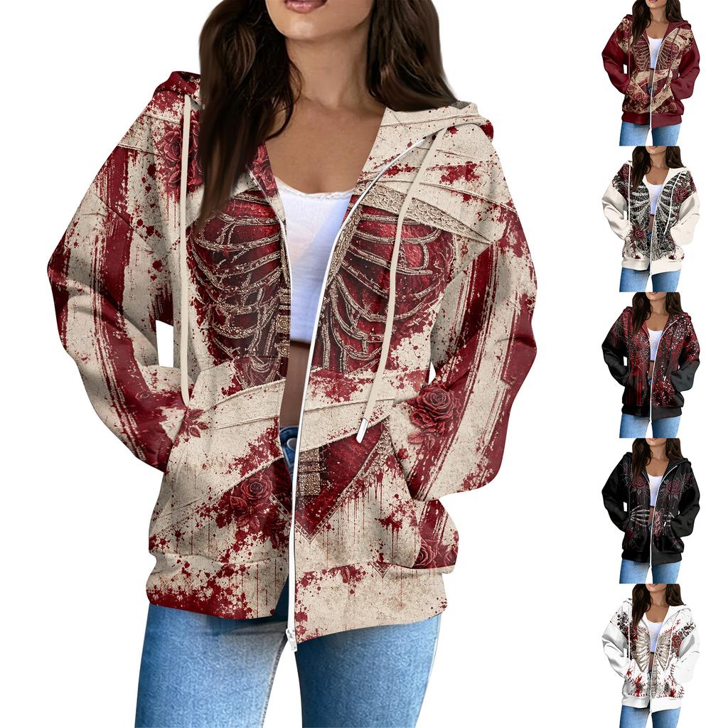 Women's Casual Long Sleeve Zip-Up Hoodie Sweatshirt with Halloween Print