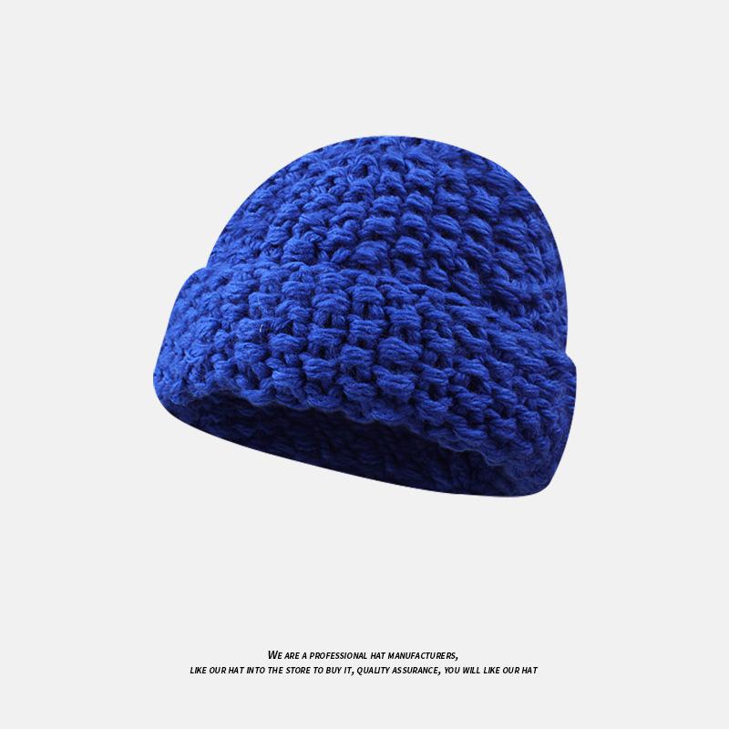 Thick Knitted Pineapple Pattern Beanie Autumn and Winter Solid Color Warm and Versatile Small Knitted Hat with Big Head Circumference and Face