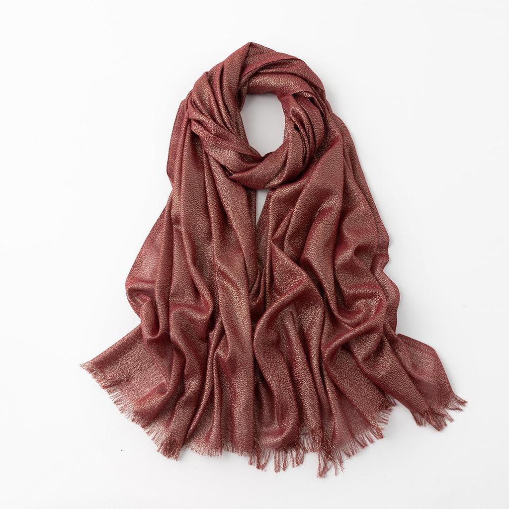 Women's Silk Scarf: Pure Color Long Headscarf with Gold and Silver Threads