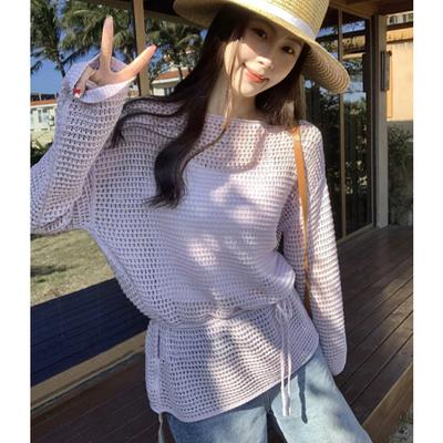Summer Sexy Hollow Out Mesh Pullover Slash Neck Beach T-shirt Women's Knitted Sweaters See Through Casual Loose Long Sleeve Tops
