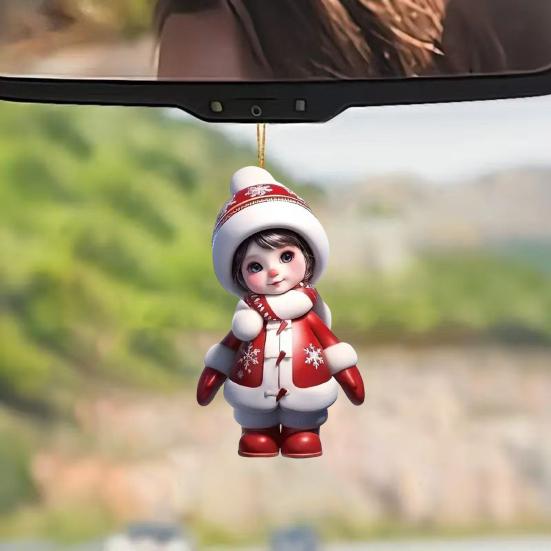2D Acrylic Christmas Hanging Pendant Cartoon Flat Snowman Santa Car Rearview Mirror Charm for Xmas Tree Backpack Decoration Car Interior Accessories